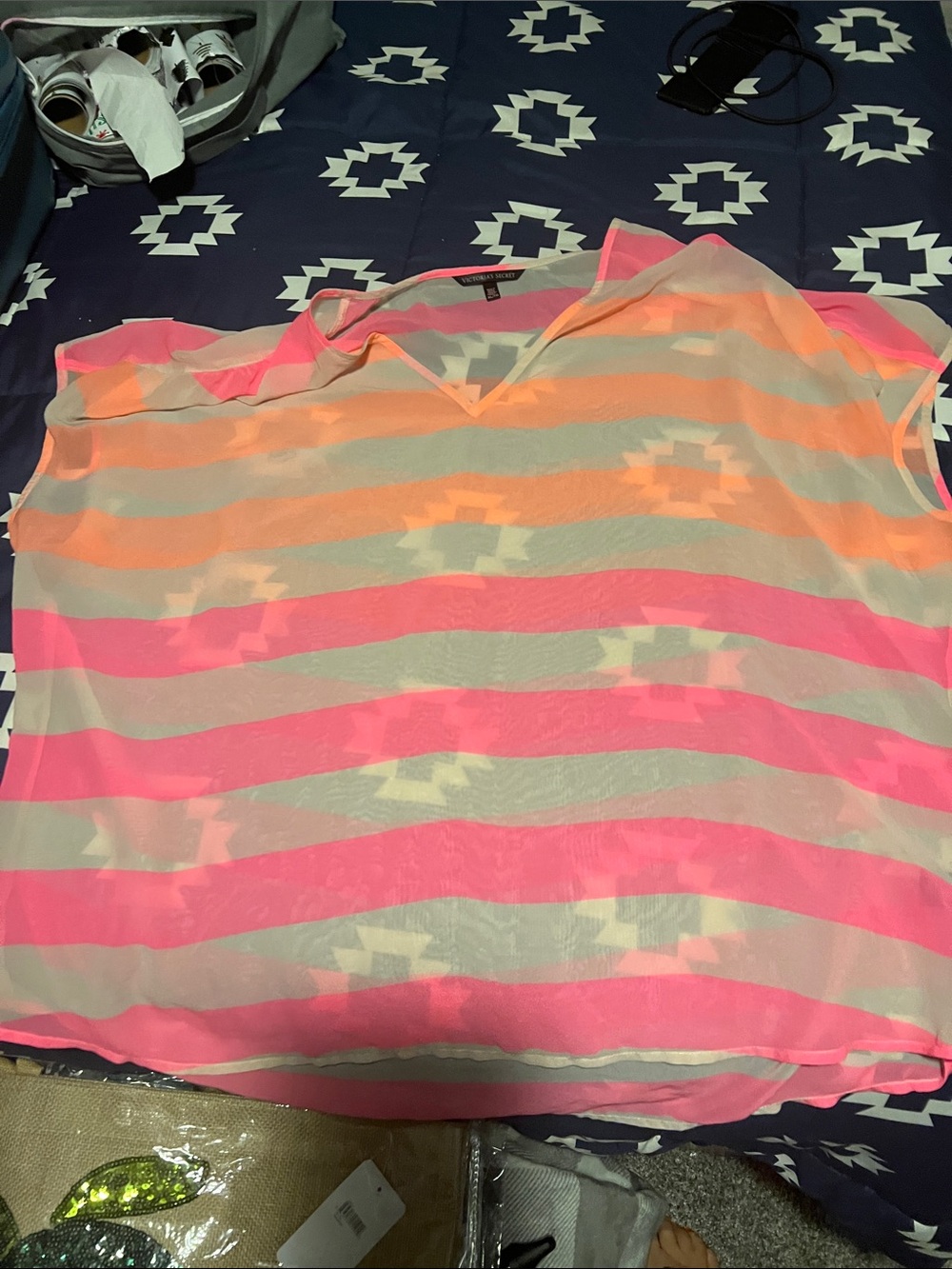 Victoria's Secret Neon Pink and Orange Striped Sheer V-Neck Coverup